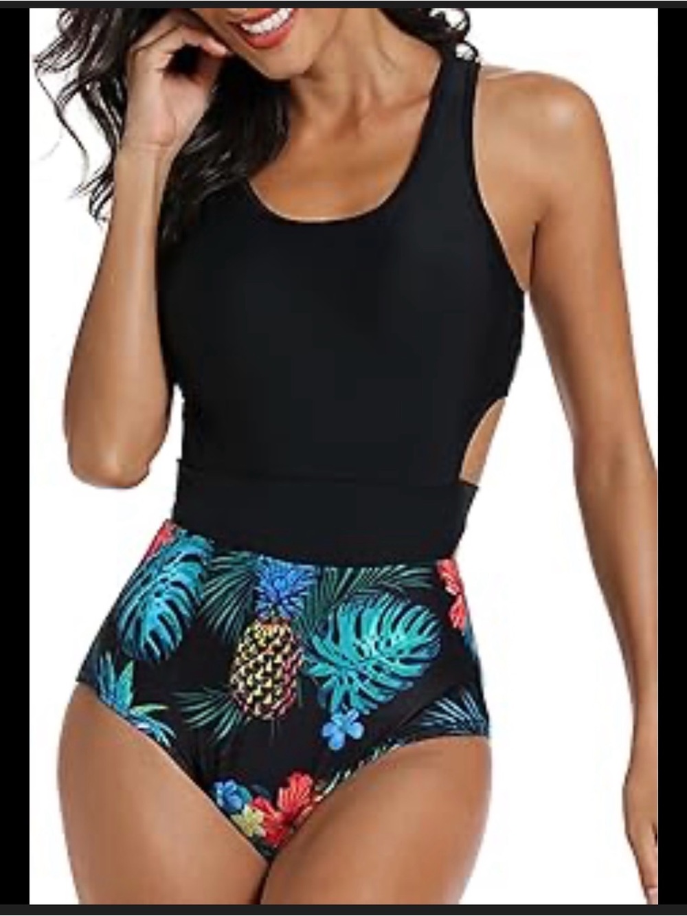 Black Tropical Print One-Piece Swimsuit with High Waist